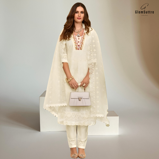 Premium Cream Readymade Ethnic Pure Organza Suit