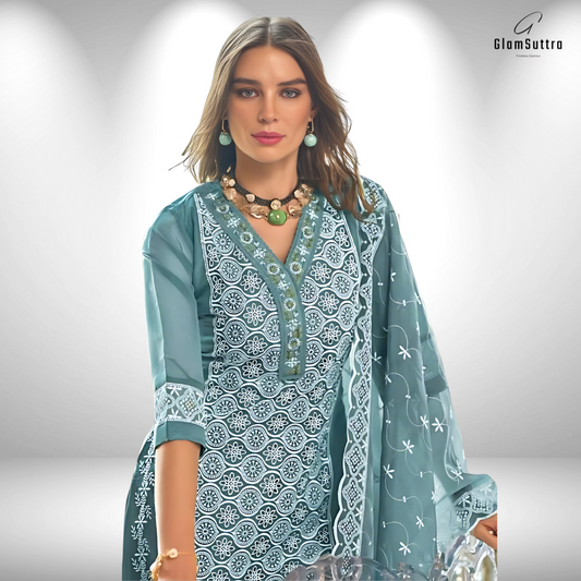 Premium Turquoise Readymade Ethnic Pure Organza Suit