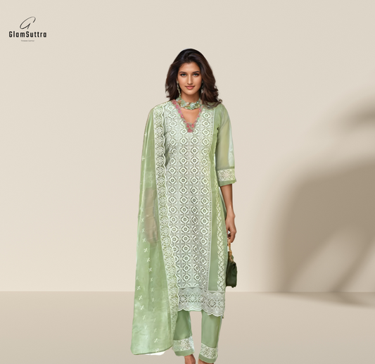 Premium Green Readymade Ethnic Pure Organza Suit