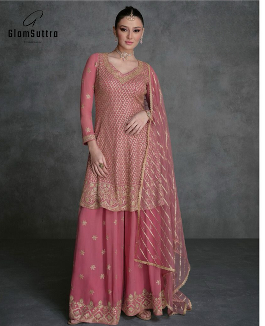 Elegant Pink Georgette Sharara Set with Intricate Embroidery