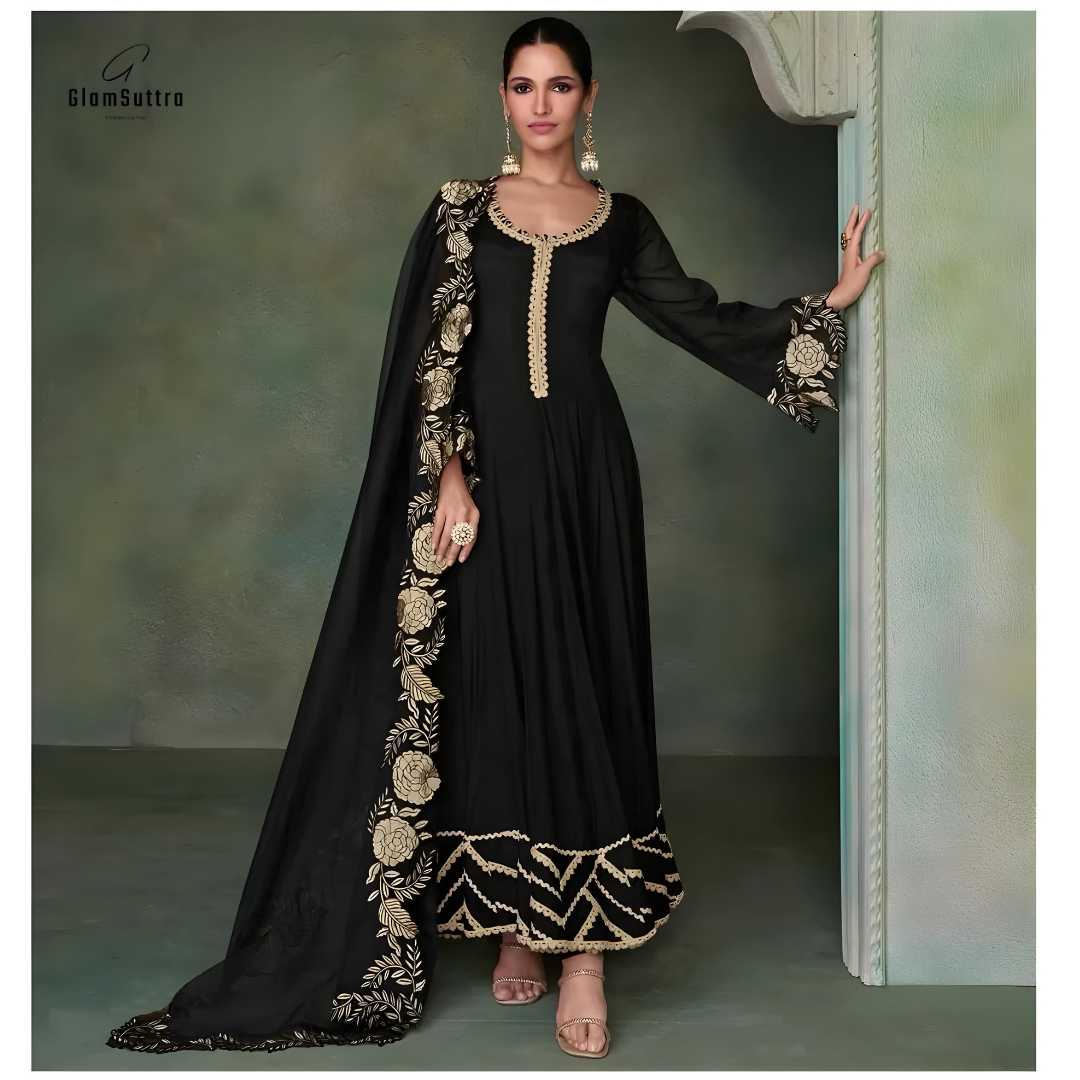 Designer Black Indian Hand-Embroidered Wedding Wear Anarkali Gown Suit