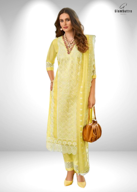 Premium Yellow Readymade Ethnic Pure Organza Suit