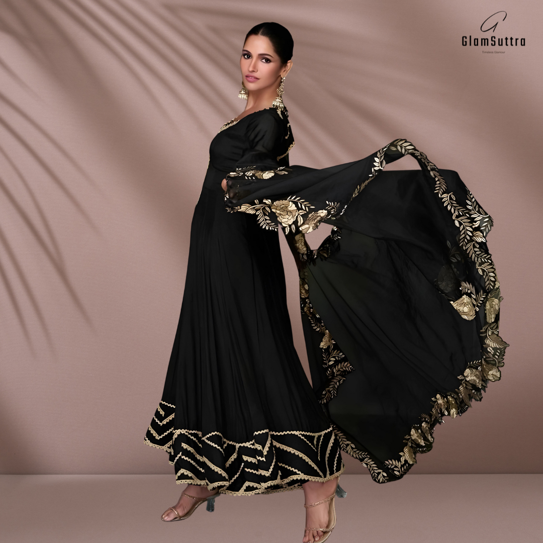 Designer Black Indian Hand-Embroidered Wedding Wear Anarkali Gown Suit